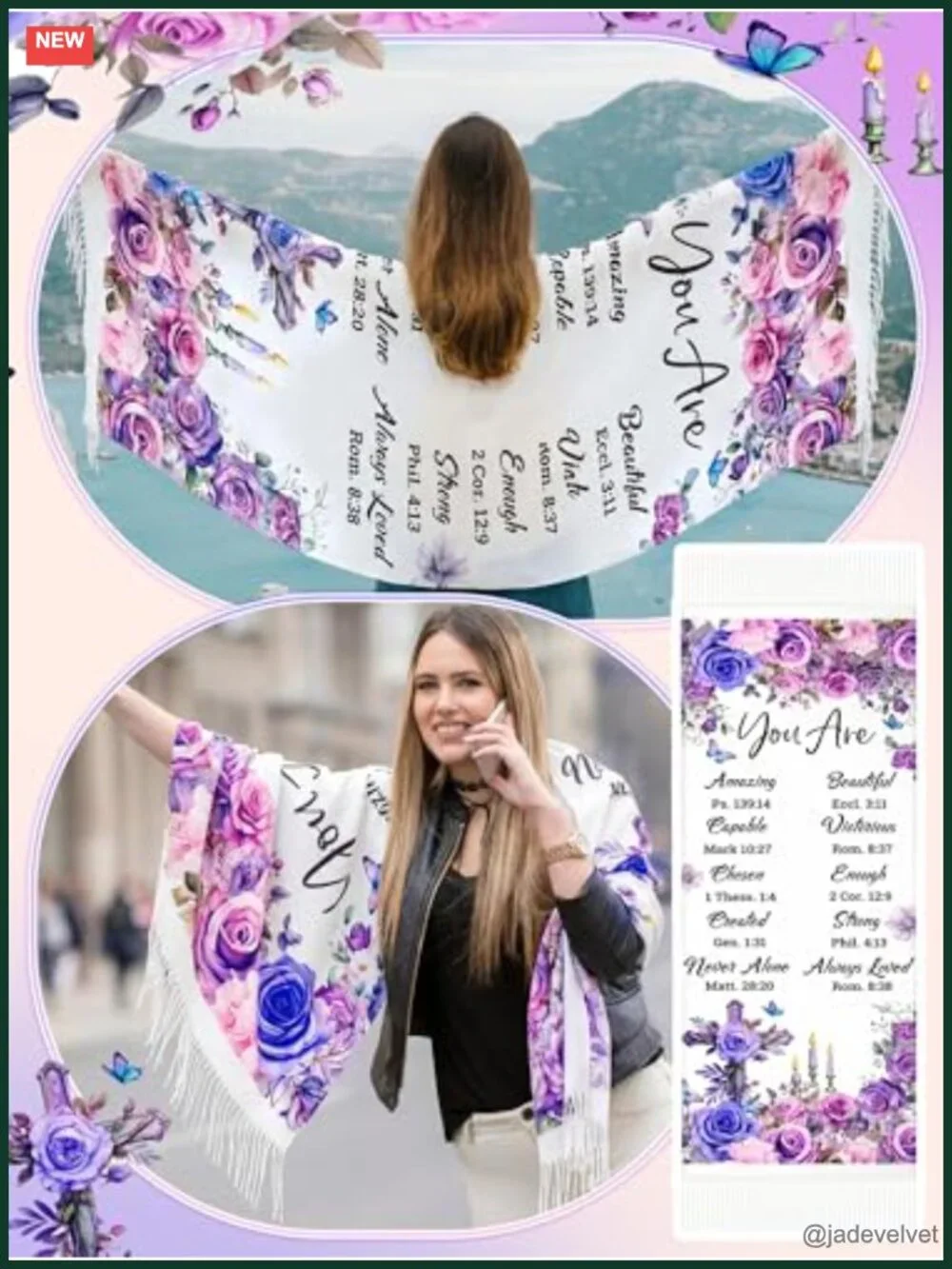 Extra Large Prayer Shawl Scarf Floral Tassel Religious Scripture Gift Women